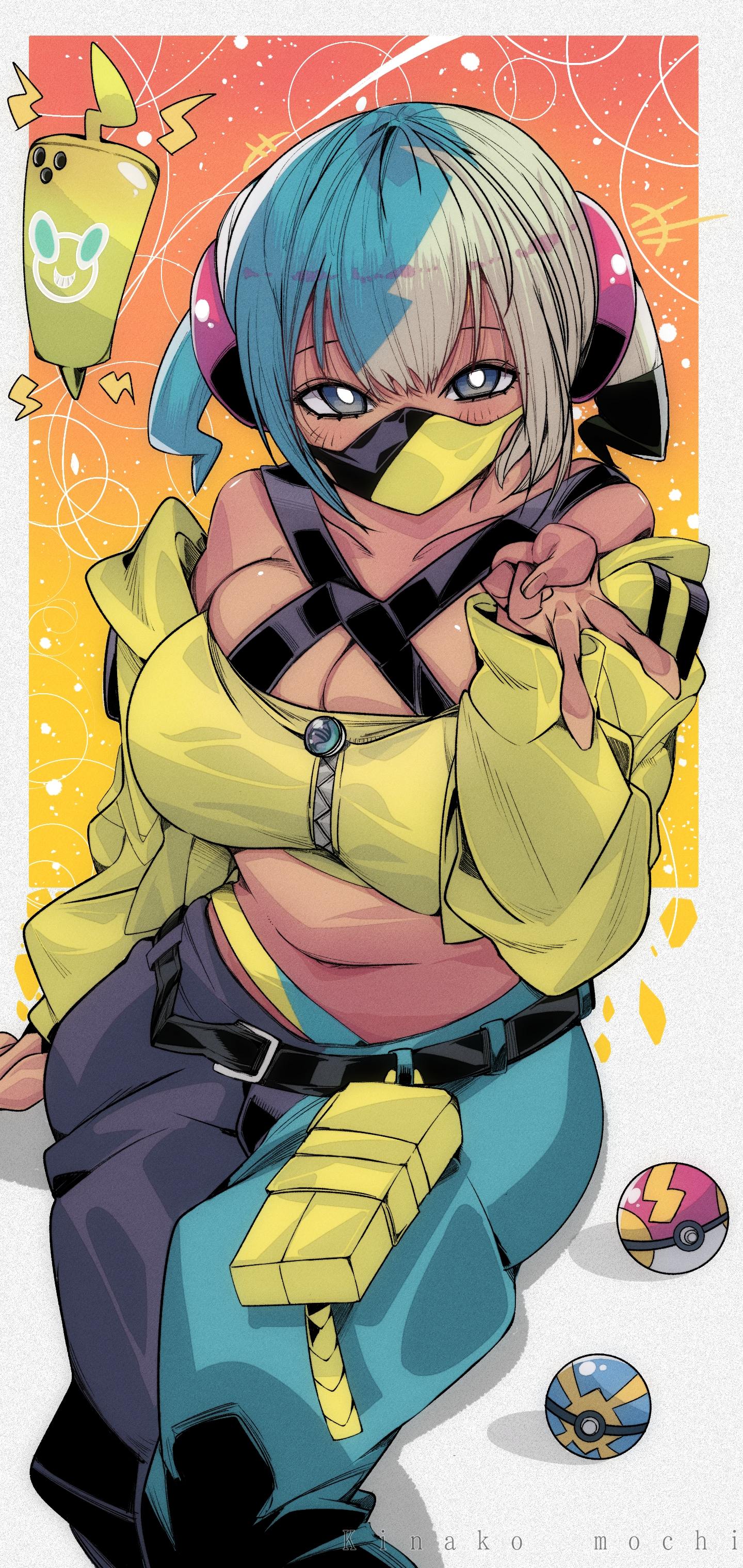 kinakomochi (user vedc2333), canari (pokemon), rotom, rotom phone, nintendo, pokemon, pokemon legends: z-a, absurdres, highres, 1girl, aqua hair, bandeau, black hair, black mask, blonde hair, blue eyes, breasts, bright pupils, dark-skinned female, dark skin, gen 4 pokemon, large breasts, looking at viewer, mask, mouth mask, multicolored hair, poke ball, solo, two-tone mask, white pupils, yellow bandeau, yellow mask
