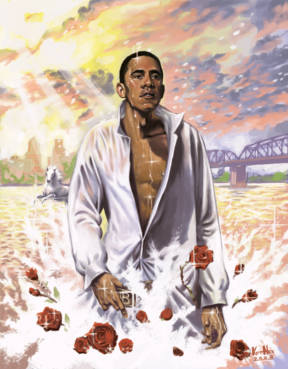 lukas ketner, barack obama, real life, eyebrows, highres, jpeg artifacts, 00s, 1boy, 2008, adam's apple, black hair, bridge, city, cloud, cloudy sky, dark-skinned male, dark skin, dress shirt, fabulous, flower, horse, light rays, lips, long sleeves, male focus, manly, outdoors, parted lips, politician, popped collar, president, real life insert, red flower, red rose, river, rose, see-through clothes, shirt, signature, sky, skyline, solo, sparkle, splashing, standing, sunbeam, sunlight, united states, urban, wading, water, wet, white shirt