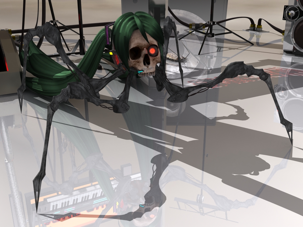deino (deino3330), calne ca (deino), chibi karu-san, hatsune miku, original, vocaloid, mechanical, 3d, artistic error, cosplay, creepy, different reflection, green hair, hatsune miku (cosplay), heterochromia, horror (theme), no humans, reflection, skull, twintails, what