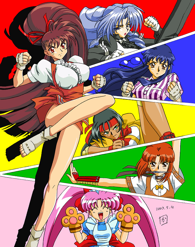 kimura takahiro, jahana reimi, jyahana reimi, kubota jun, kusunoki manami, masuda chiho, takeuchi yuka, yanase kaori, anna miller, variable geo, brown legwear, silver hair, official art, 1990s (style), 6+girls, :d, ^ ^, animal hands, brown hair, closed eyes, gloves, kicking, long hair, looking at viewer, multiple girls, open mouth, orange skirt, pantyhose, paw gloves, pink hair, retro artstyle, skirt, smile, toeless legwear, twintails, very long hair, waitress