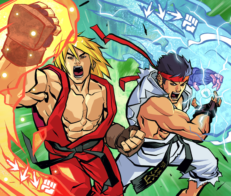 oscarcelestini, ken masters, ryu (street fighter), street fighter, 2boys, abs, belt, black belt, blonde hair, blue electricity, command input, dougi, electricity, energy ball, explosion, explosion background, fingerless gloves, fire, fireball, flaming hand, gloves, headband, karate gi, male focus, multiple boys, muscular, muscular male, torn clothes, torn sleeves