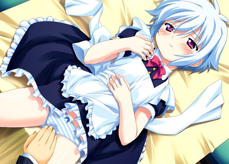 jinno nagi, makai tenshi djibril, makai tenshi djibril 3, light blue hair, tagme, apron, bed, bed sheet, blue hair, blue panties, blush, loli, lying, maid, maid apron, masturbation, masturbation through clothes, on bed, panties, purple eyes, red ribbon, ribbon, striped clothes, striped panties, tears, underwear, wet, wet clothes, wet panties, white hair, white panties