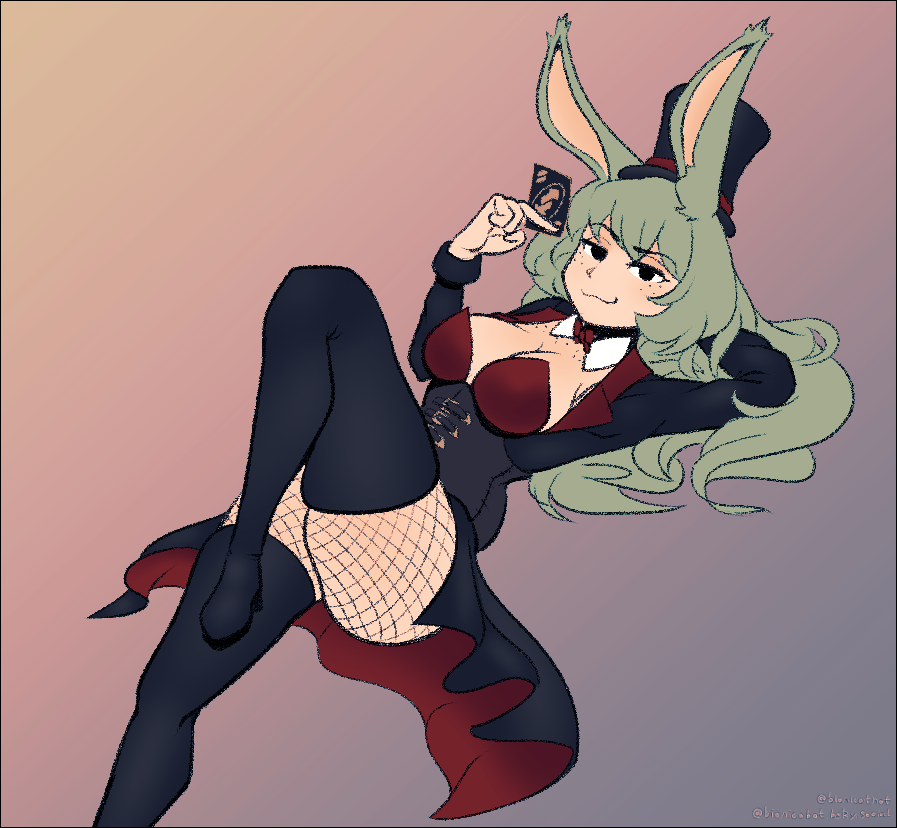 bionicobot, fren dorinda, uno (game), commission, commissioner upload, 1girl, bow, bowtie, breasts, card, cleavage, corset, fishnet pantyhose, fishnets, freckles, freckles on breasts, green hair, hat, holding, holding card, large breasts, long hair, looking at viewer, lying, on back, pantyhose, rabbit ears, rabbit girl, rabbit tail, top hat, uno reverse card