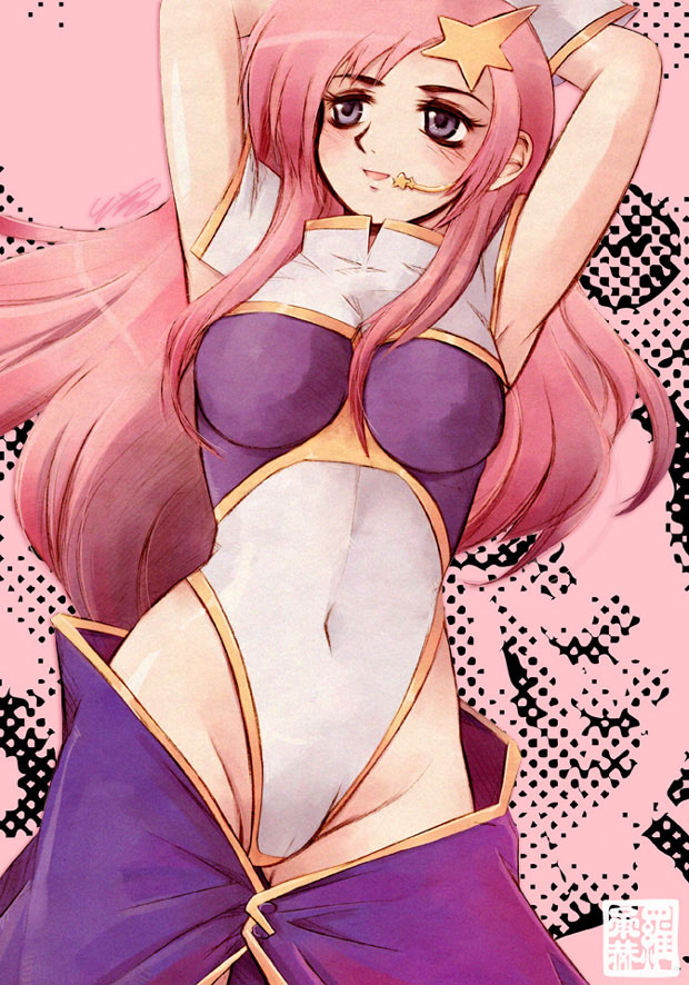 messiah cage, meer campbell, gundam, gundam seed, gundam seed destiny, 00s, 1girl, armpits, arms up, blush, female focus, hair ornament, headset, highleg, leotard, long hair, pink hair, solo, star (symbol), star hair ornament
