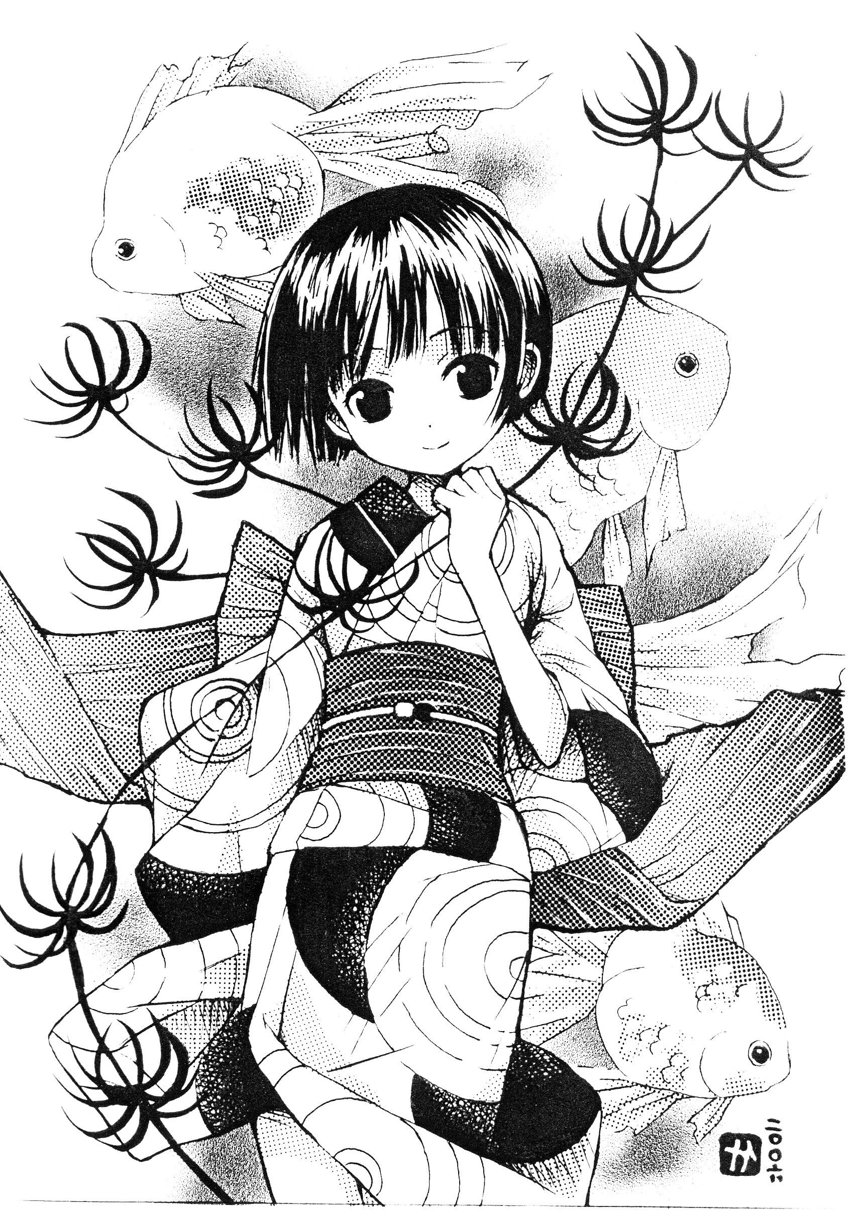 kanni, absurdres, bad id, bad pixiv id, highres, carp, child, fish, flower, greyscale, japanese clothes, kimono, monochrome, short hair, solo