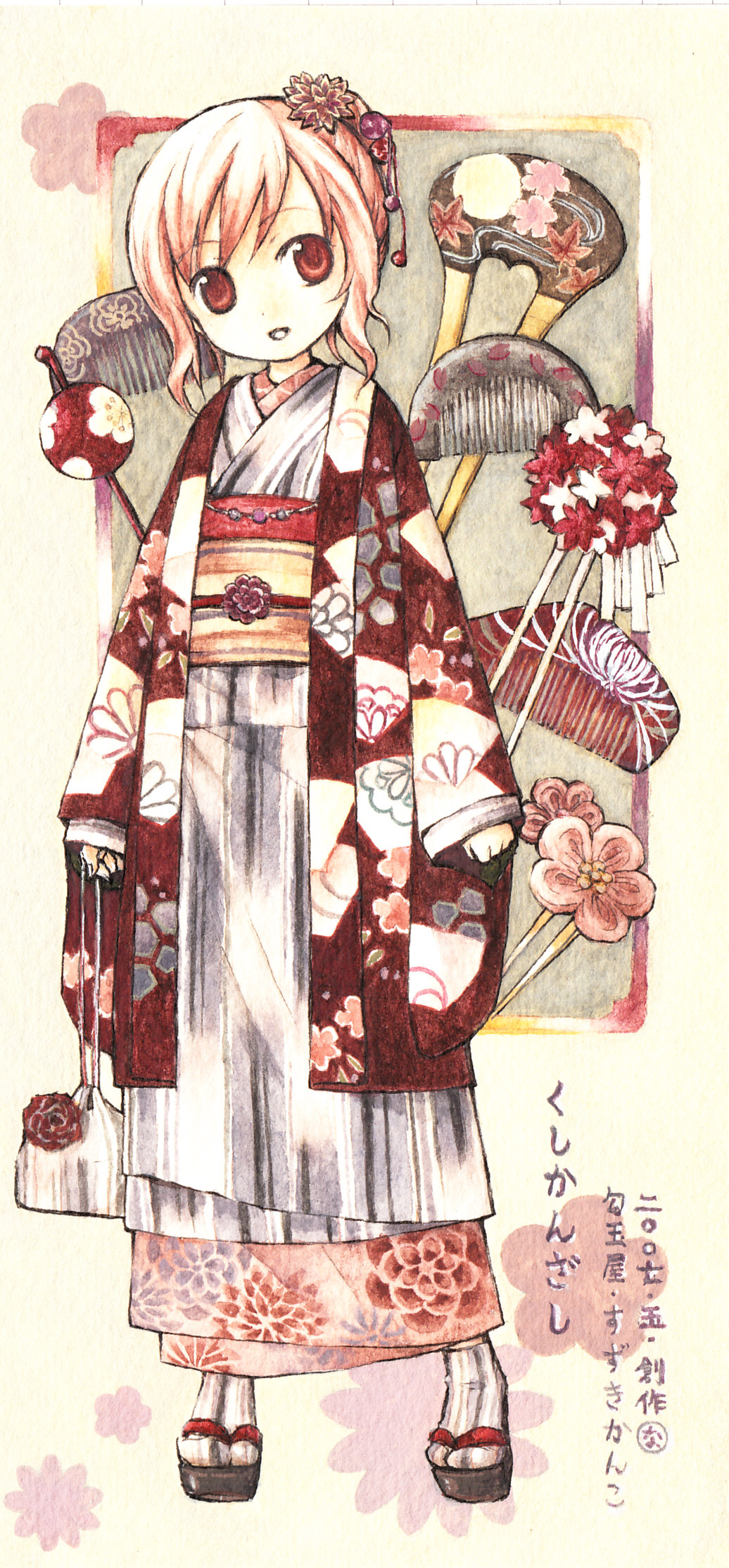 kanni, bad id, bad pixiv id, highres, bag, child, floral print, floral print kimono, geta, hair ornament, hairpin, handbag, japanese clothes, kimono, okobo, pink hair, platform sandals, print kimono, red eyes, sandals, solo