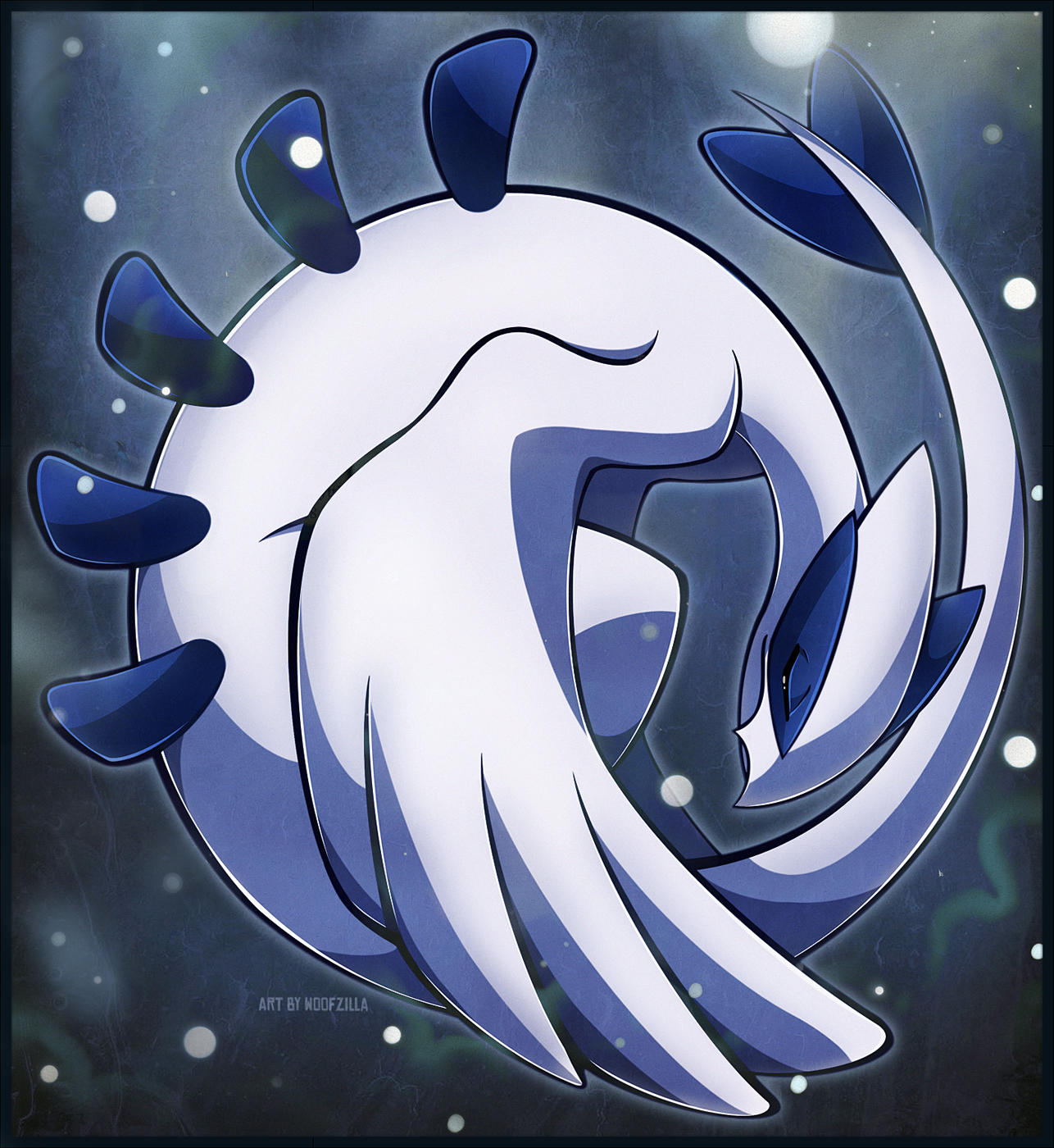 woofzilla, lugia, nintendo, pokemon, commentary, english commentary, highres, artist name, black border, border, closed eyes, closed mouth, full body, gen 2 pokemon, grey background, legendary pokemon, no humans, pokemon (creature), solo