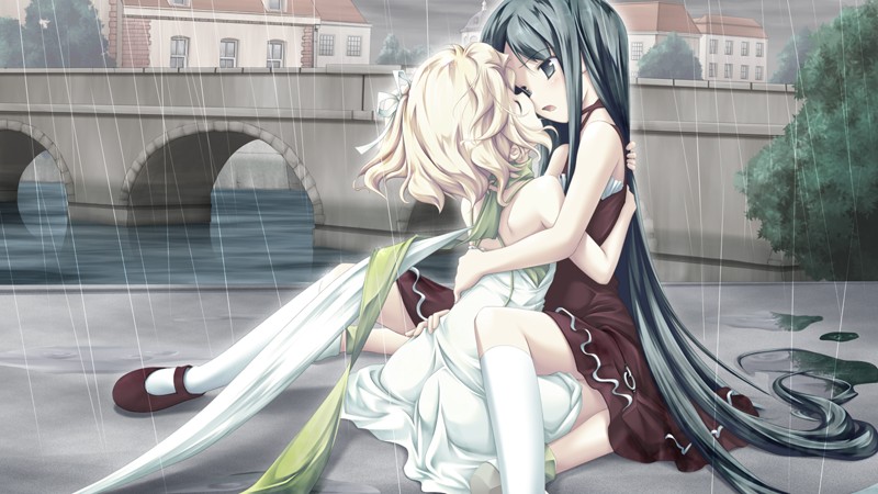 fue (tsuzuku), angelina rocca, belle (katahane), christina dorn, katahane, 2girls, green scarf, hug, multiple girls, rain, scarf, yuri