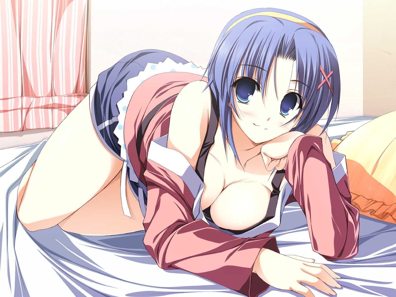 yuuki makoto (radiant), ayase yuuka, sakura strasse, highres, 1girl, bed, blue eyes, blue hair, blush, breasts, cleavage, downblouse, female focus, hairband, large breasts, loose clothes, loose shirt, lying, matching hair/eyes, shirt, short hair, shorts, solo
