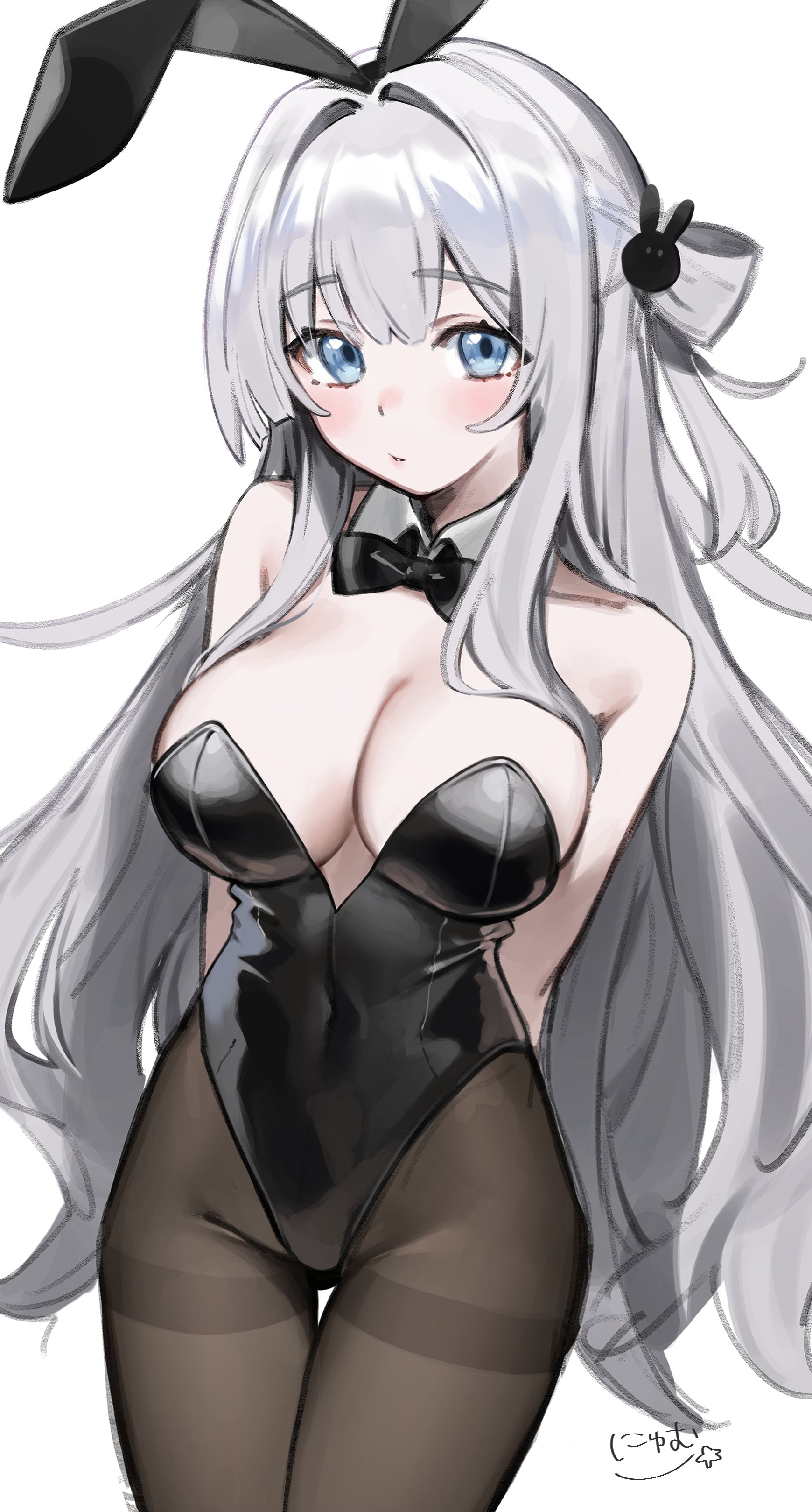 nyum, absurdres, character request, copyright request, highres, 1girl, animal ears, arms behind back, black bow, black bowtie, black leotard, blue eyes, bow, bowtie, breasts, brown pantyhose, collar, cowboy shot, double-parted bangs, fake animal ears, hair between eyes, hair ornament, large breasts, leotard, long hair, pantyhose, parted lips, playboy bunny, rabbit ears, rabbit hair ornament, signature, solo, strapless, strapless leotard, very long hair, white collar, white hair
