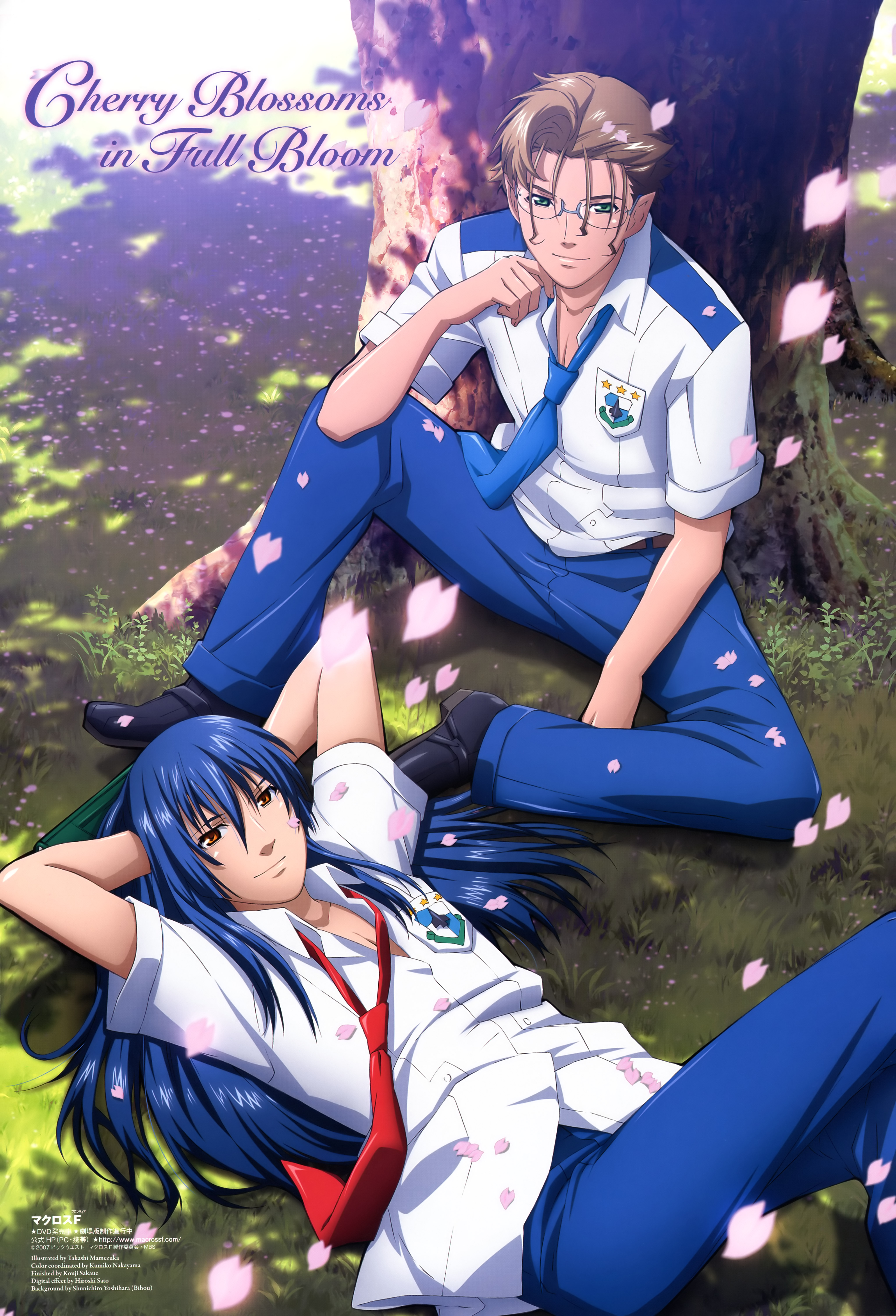 mamezuka takashi, mikhail buran, saotome alto, macross, macross frontier, absurdres, highres, 00s, 2boys, glasses, male focus, multiple boys, petals, school uniform