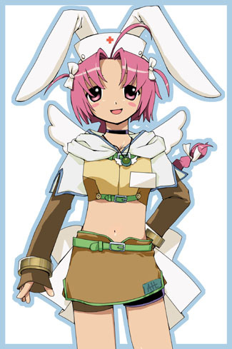 sinny, hunter (ragnarok online), nakahara komugi, nurse witch komugi-chan, ragnarok online, commentary request, lowres, 1girl, 2000s (style), ahoge, animal ears, arm behind back, black choker, blue border, blue outline, border, bow, braid, braided ponytail, breasts, brown shirt, brown shorts, brown skirt, choker, cosplay, cowboy shot, curtained hair, fake animal ears, hair bow, hat, hunter (ragnarok online) (cosplay), jewelry, layered sleeves, long hair, long sleeves, looking at viewer, midriff, miniskirt, navel, necklace, nurse cap, open mouth, outline, pink eyes, pink hair, rabbit ears, shirt, short over long sleeves, short shorts, short sleeves, shorts, shorts under skirt, skirt, sleeves past wrists, small breasts, smile, solo, two side up, white background, white bow