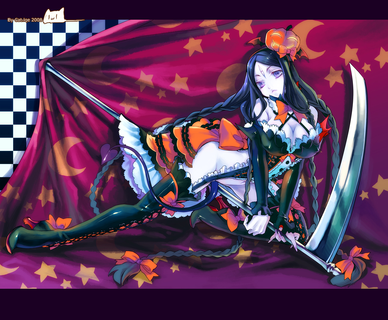 catlqe, hakoiri nekohime, 1girl, :<, black hair, boots, braid, breasts, cleavage, detached sleeves, female focus, halloween, large breasts, letterboxed, no panties, pale skin, purple eyes, scythe, solo, thigh boots, thighhighs, witch