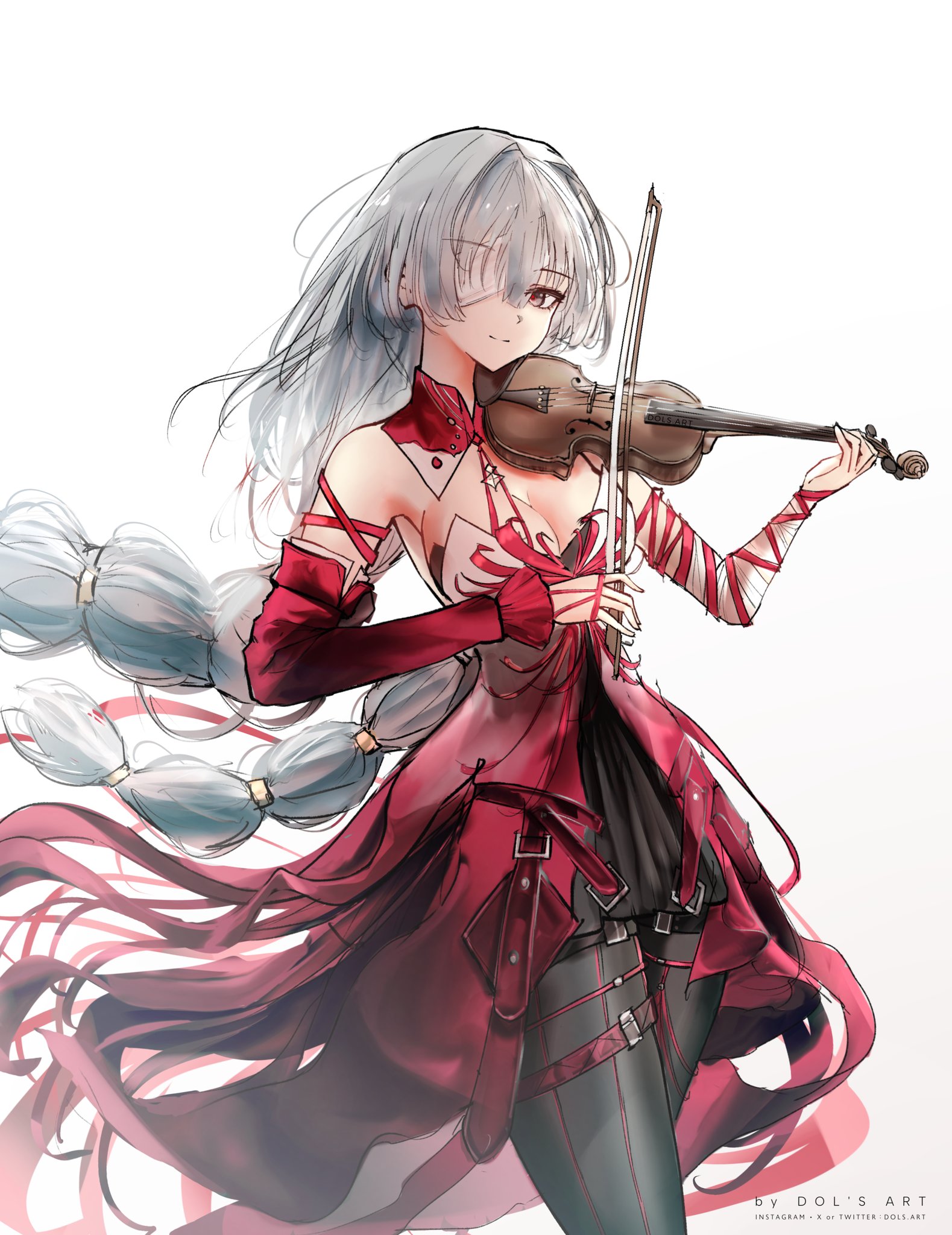 dols art, phrolova (wuthering waves), wuthering waves, commentary, highres, 1girl, artist name, bandage over one eye, bandaged arm, bandages, bare shoulders, bell sleeves, black pantyhose, bow (music), braid, breasts, cleavage, closed mouth, cowboy shot, detached sleeves, dress, floating hair, grey eyes, grey hair, hair between eyes, halter dress, halterneck, hands up, high-low dress, holding, holding bow (music), holding instrument, holding violin, instrument, light smile, long hair, looking at viewer, low twin braids, medium breasts, music, one eye covered, pantyhose, playing instrument, red dress, red pupils, red sleeves, simple background, single detached sleeve, sleeveless, sleeveless dress, solo, split mouth, standing, thigh strap, twin braids, very long hair, violin, white background