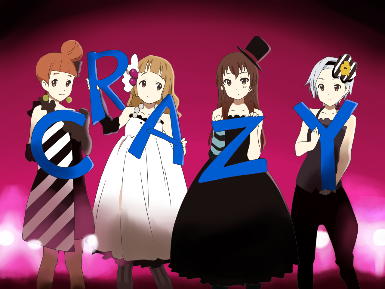 yuta (hoshiuta), ushiromiya eva, ushiromiya kyrie, ushiromiya natsuhi, ushiromiya rosa, don't say "lazy", k-on!, umineko no naku koro ni, 4girls, aged down, hime cut, multiple girls, parody