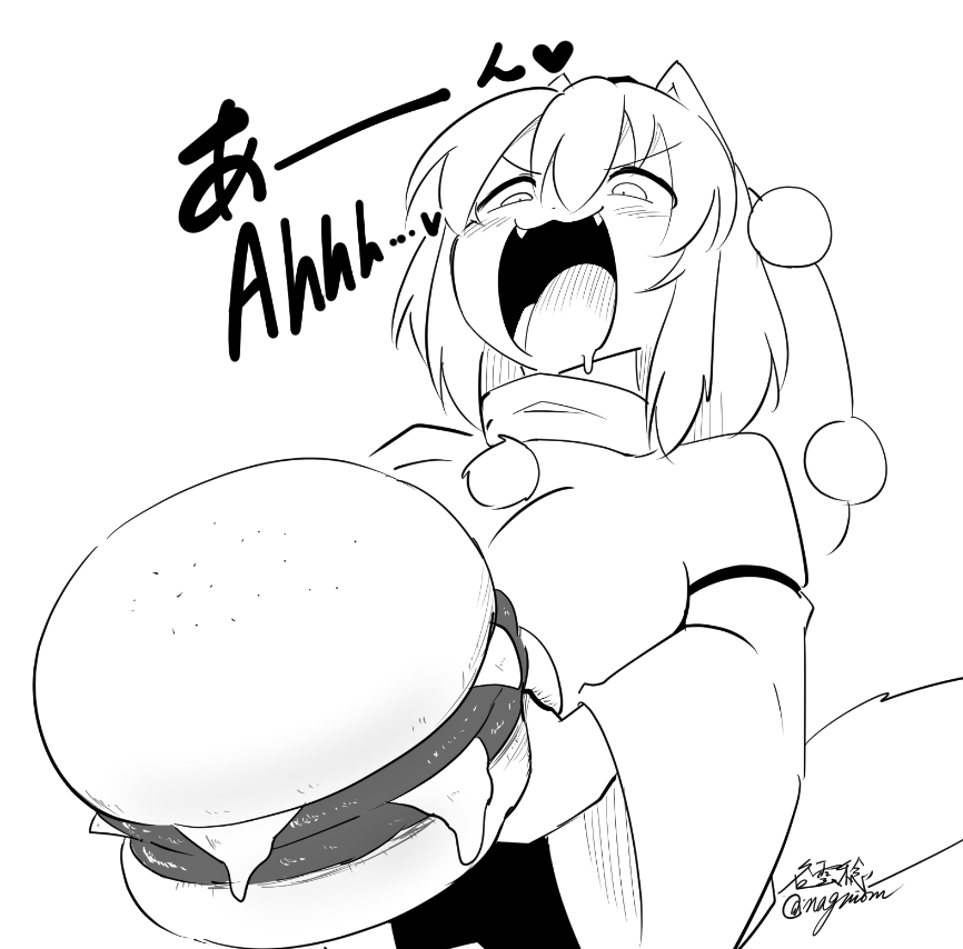 taurine 8000mg, inubashiri momiji, touhou, commentary request, >:), 1girl, :3, animal ears, bilingual text, black skirt, breasts, burger, cowboy shot, detached sleeves, drooling, english text, fangs, food, hair between eyes, hat, heart, holding, holding burger, holding food, long sleeves, looking down, mixed-language text, monochrome, open mouth, oversized food, oversized object, pom pom (clothes), shirt, short hair, simple background, sketch, skirt, smile, solo, tail, tokin hat, v-shaped eyebrows, white background, white hair, white shirt, wide sleeves, wolf ears, wolf girl, wolf tail