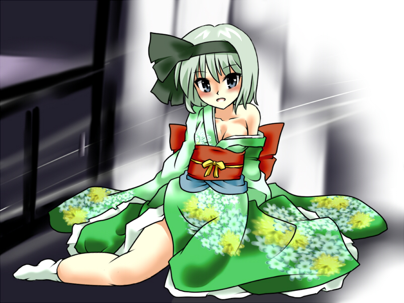 lilish, konpaku youmu, touhou, silver hair, 1girl, bare shoulders, blue eyes, breasts, female focus, full body, hairband, japanese clothes, kimono, short hair, socks, solo