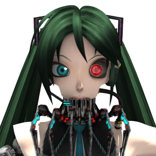 deino (deino3330), calne ca (deino), hatsune miku, original, vocaloid, mechanical, animated, animated gif, mikumikudance (medium), 1girl, 3d, android, cosplay, creepy, cyborg, female focus, green hair, hatsune miku (cosplay), heterochromia, horror (theme), solo, twintails, what