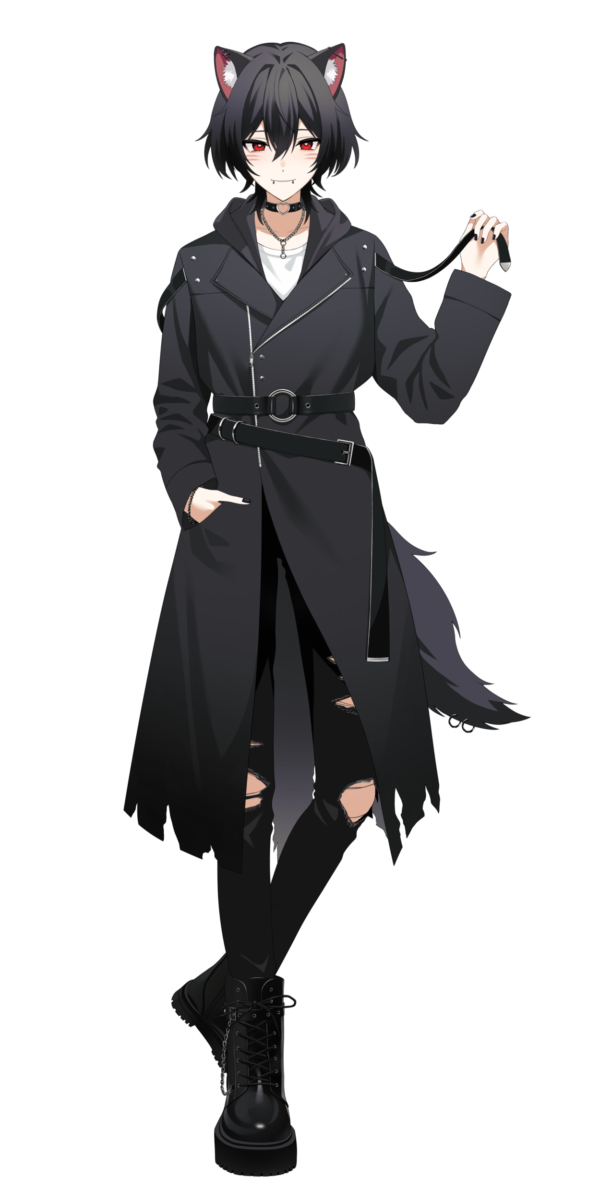 bond en, highres, official art, 1girl, animal ear fluff, animal ears, belt, black belt, black choker, black coat, black hair, black nails, black pantyhose, black shoes, black tail, bondlive, choker, closed mouth, coat, fangs, fingernails, full body, hair between eyes, hand in pocket, heart, heart choker, jewelry, multiple belts, nail polish, necklace, nico hollow, pantyhose, piercing, red eyes, shirt, shoelaces, shoes, short hair, simple background, smile, solo, tachi-e, tail, tail ornament, tail piercing, torn clothes, torn pantyhose, transparent background, virtual youtuber, white shirt