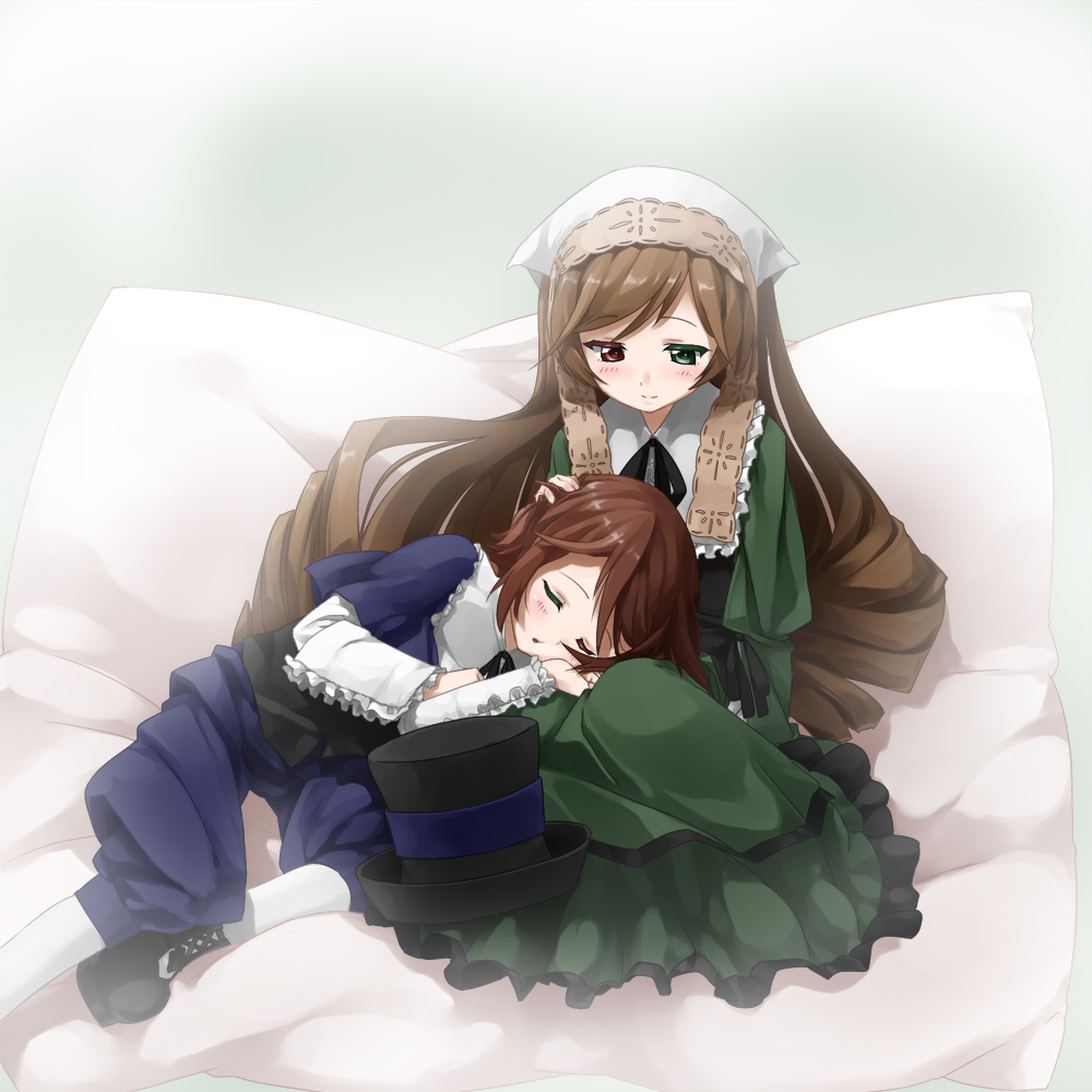 kaisen chuui, souseiseki, suiseiseki, rozen maiden, 00s, 2girls, brown hair, dress, drill hair, green eyes, hat, headscarf, heterochromia, long hair, multiple girls, pantyhose, red eyes, short hair, siblings, sisters, sleeping, twins, very long hair, white headscarf