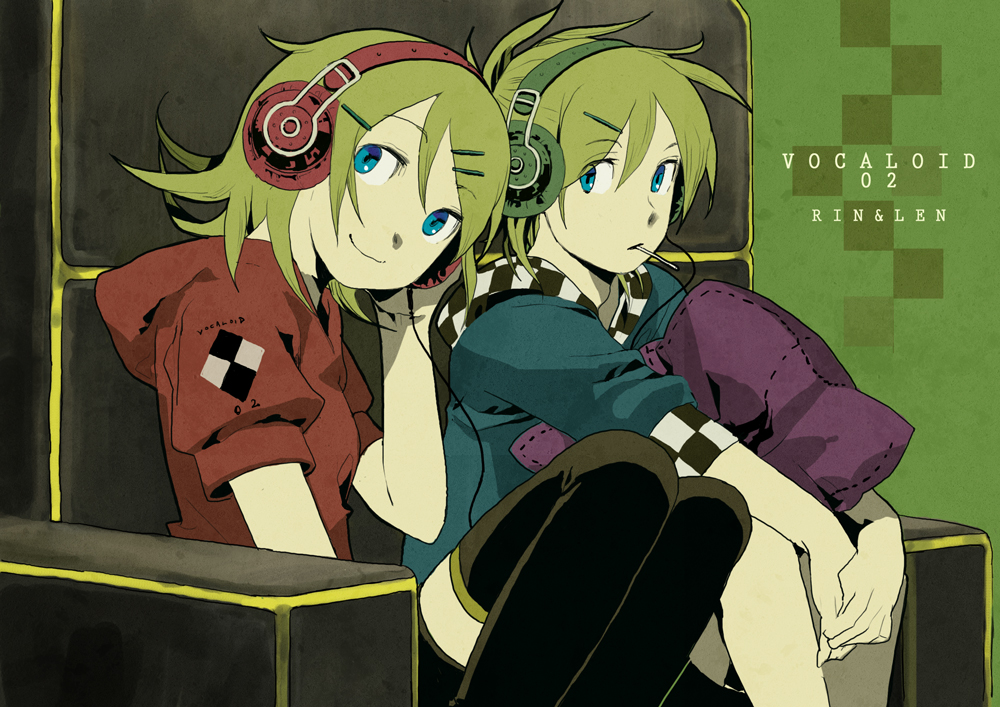 kotetsu (popeethe), kagamine len, kagamine rin, vocaloid, bad id, bad pixiv id, 1boy, 1girl, aqua eyes, blonde hair, brother and sister, hair ornament, hairclip, hairpin, headphones, pillow, short hair, siblings, sitting, thighhighs, twins