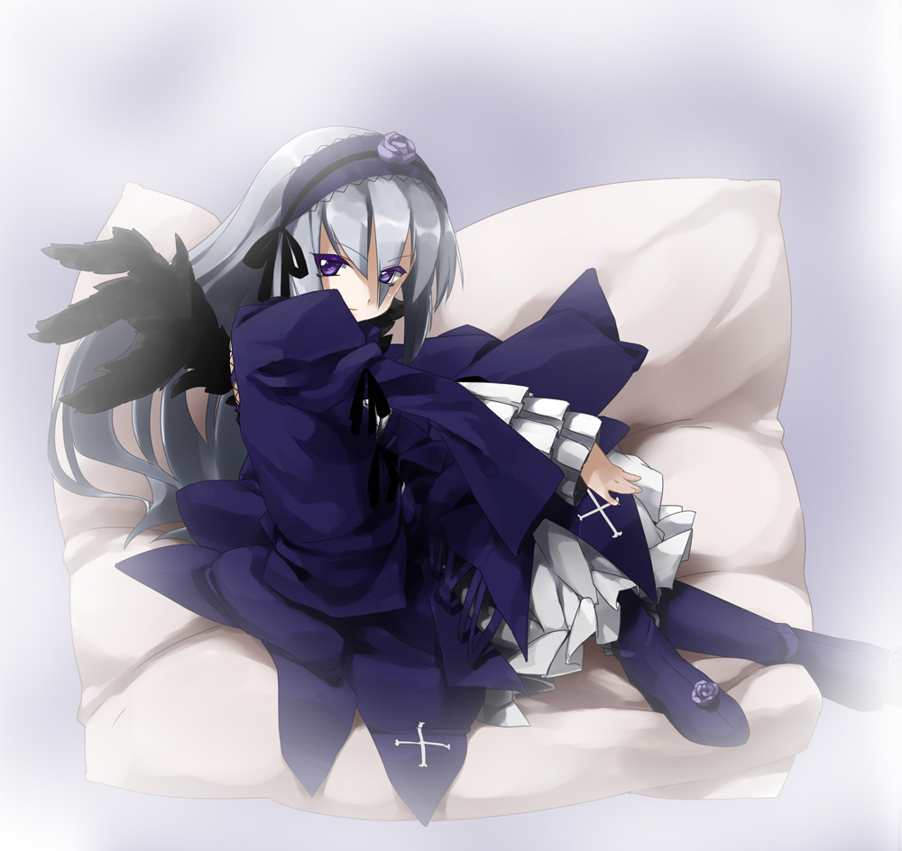 kaisen chuui, suigintou, rozen maiden, silver hair, 00s, 1girl, boots, dress, female focus, frills, hairband, high heel boots, high heels, long hair, purple eyes, solo, wings