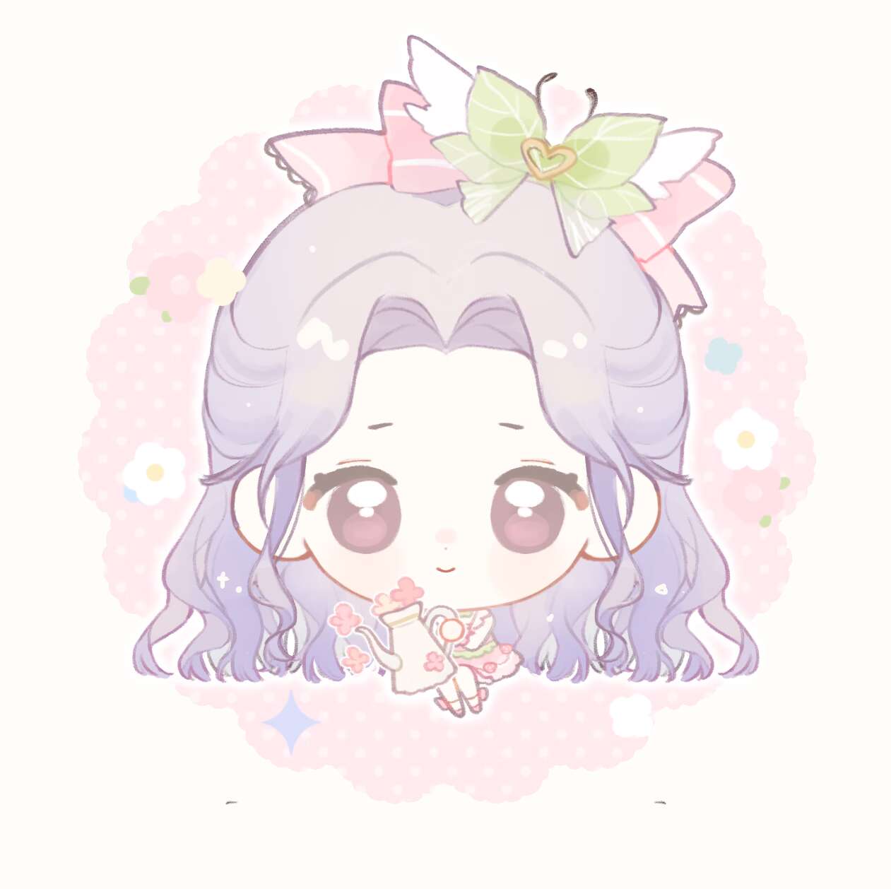 baonu de zhanshen caibutou, infinity nikki, nikki (series), chinese commentary, commentary request, highres, 1girl, ankle socks, bare shoulders, blunt ends, border, bow, bow legwear, chibi, closed mouth, courtyard flowers (infinity nikki), dot nose, dress, dress flower, eyelashes, floral background, flower, forehead, frilled dress, frills, green bow, hair bow, hair ornament, happy, heart, heart hair ornament, holding, holding watering can, invisible chair, lace-trimmed bow, lace trim, large bow, leaf bow, light blush, light particles, long hair, long sidelocks, outline, outside border, parted bangs, pink background, pink bow, pink dress, pink flower, pink shoes, pink wrist cuffs, polka dot, polka dot background, purple eyes, purple hair, round border, shoes, short dress, sidelocks, sitting, sleeveless, sleeveless dress, smile, socks, solo, sparkle, square neckline, striped bow, tareme, very long hair, watering can, wavy hair, white border, white flower, white outline, white socks, wrist cuffs