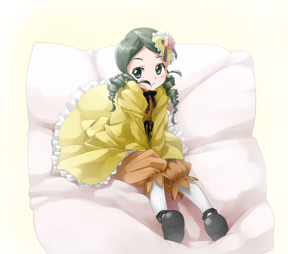 kaisen chuui, kanaria, rozen maiden, white legwear, 00s, 1girl, drill hair, female focus, green eyes, green hair, hair ornament, matching hair/eyes, short hair, solo