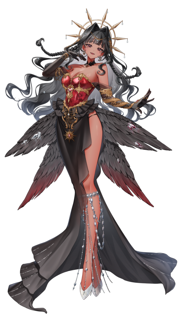 bond en, official art, 1girl, black gloves, black hair, black wings, bondlive, braid, breasts, brown eyes, colored inner hair, dark-skinned female, dark skin, dress, feathered wings, full body, garnessa tempest, gloves, gradient hair, gradient wings, grey hair, grey shoes, hair intakes, halo, halo behind head, large breasts, long hair, low wings, multicolored hair, multicolored wings, red wings, shoes, side slit, simple background, smile, solo, standing, transparent background, virtual youtuber, wings, yellow halo