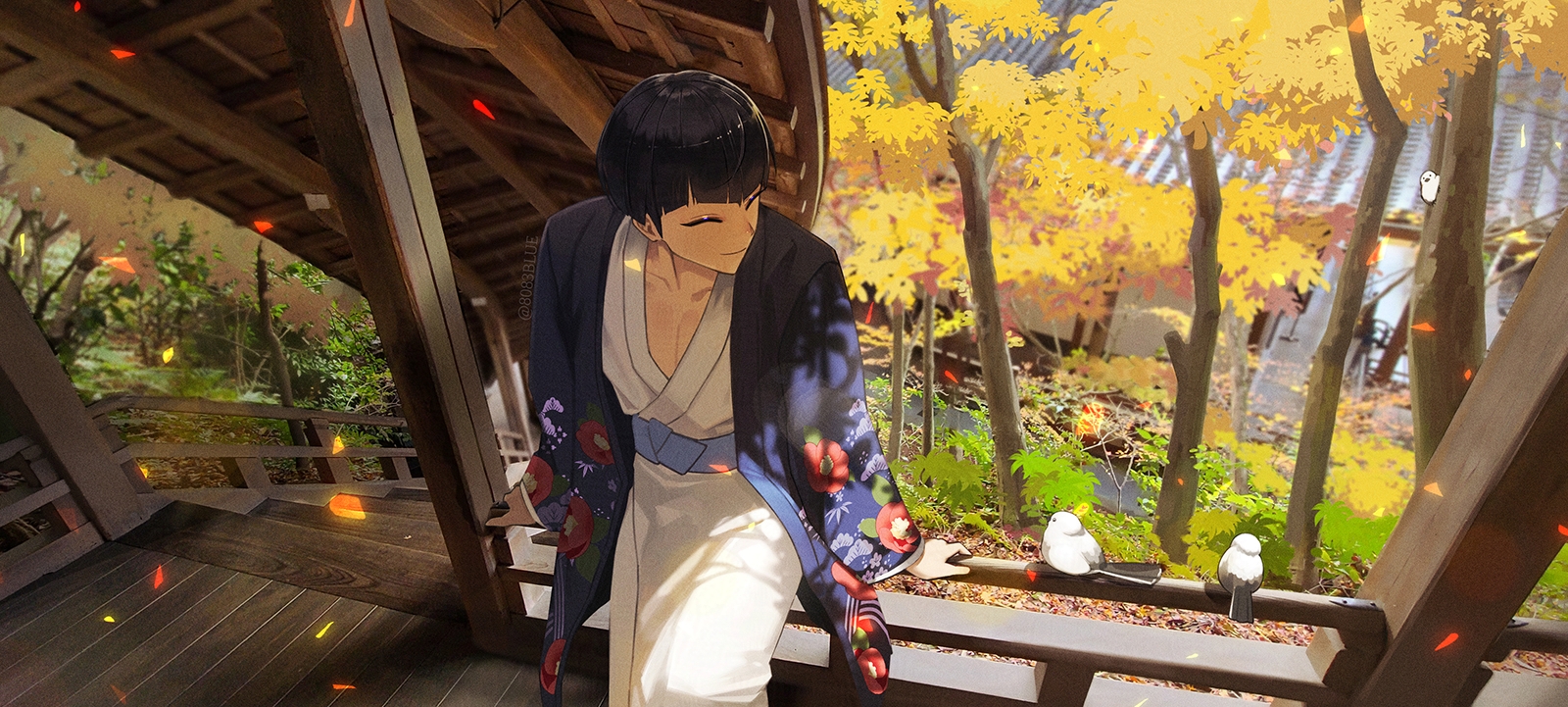 8083 blue, hoshina soshiro, kaijuu no. 8, commentary, highres, 1boy, arm support, bird, black hair, blunt bangs, closed eyes, closed mouth, facing to the side, from above, japanese clothes, kimono, long sleeves, male focus, on railing, pectoral cleavage, pectorals, photo background, railing, short hair, stairs, white kimono, wide sleeves