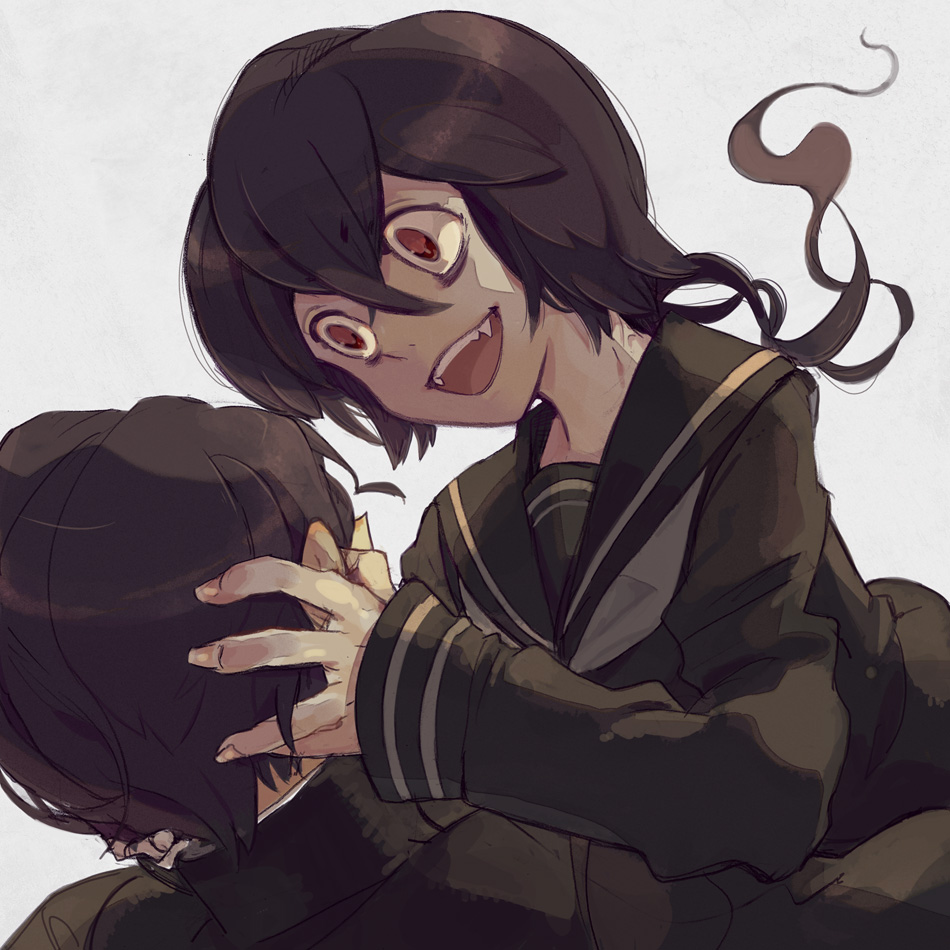 372, deadman wonderland, bad id, bad pixiv id, 1boy, 1girl, bags under eyes, black hair, crazy eyes, fangs, long hair, open mouth, red eyes, school uniform, smile