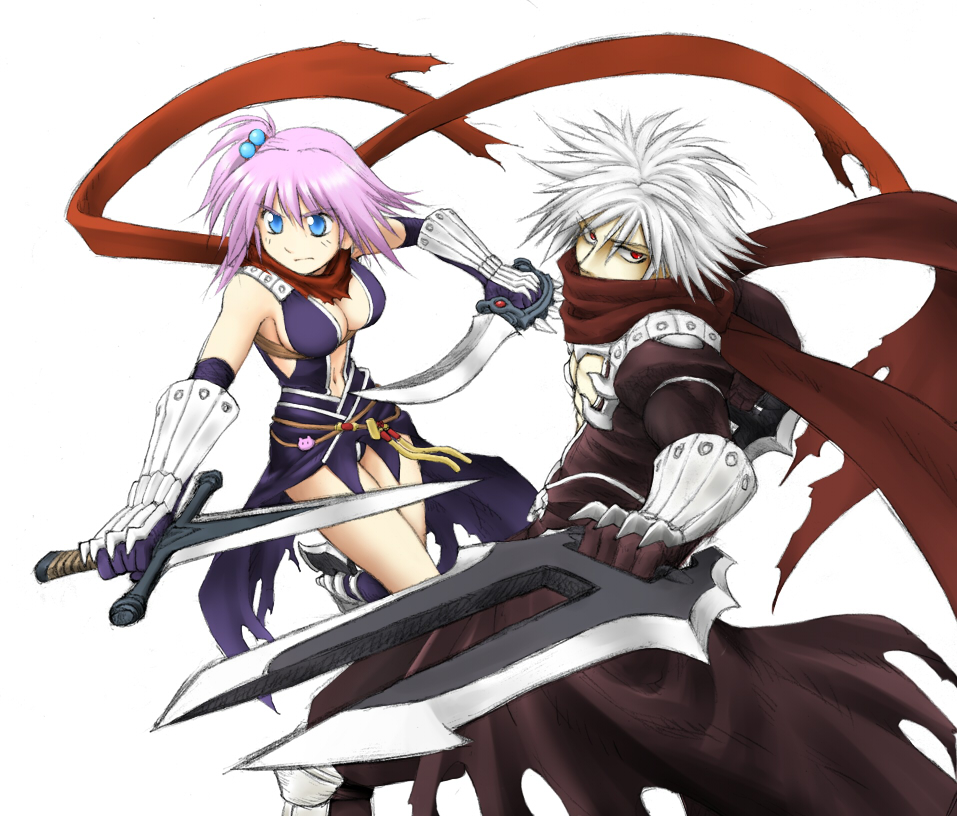 assassin cross (ragnarok online), ragnarok online, commentary request, 1boy, 1girl, armor, blue eyes, breasts, brown cape, brown gloves, brown shirt, cape, cellphone, closed mouth, dagger, dual wielding, elbow gloves, feet out of frame, gloves, hair bobbles, hair ornament, haru (shino2mk), holding, holding dagger, holding knife, holding weapon, jamadhar, knife, leotard, looking afar, looking at viewer, medium breasts, one side up, pauldrons, phone, pink hair, purple gloves, purple leotard, red eyes, red scarf, revealing clothes, scarf, shirt, short hair, shoulder armor, simple background, torn clothes, torn scarf, v-shaped eyebrows, vambraces, waist cape, weapon, white background, white hair