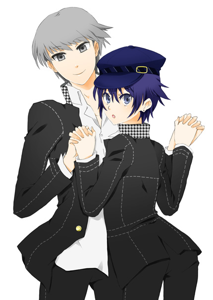 mot, narukami yu, shirogane naoto, atlus, persona, persona 4, bad id, bad pixiv id, 1boy, 1girl, androgynous, blue eyes, blue hair, couple, grey eyes, grey hair, hand grab, hat, hetero, holding hands, newsboy cap, reverse trap, school uniform, short hair, smile