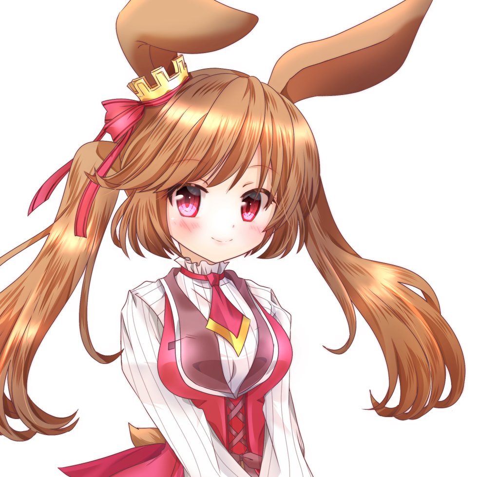 yukiomi kizuki, emil chronicle online, 1girl, animal ears, breasts, brown hair, cinamon alma, crown, jacket, long hair, medium breasts, necktie, rabbit ears, rabbit girl, red eyes, red jacket, red necktie, red ribbon, ribbon, shirt, smile, solo, striped clothes, striped shirt, twintails, upper body, white background, white shirt