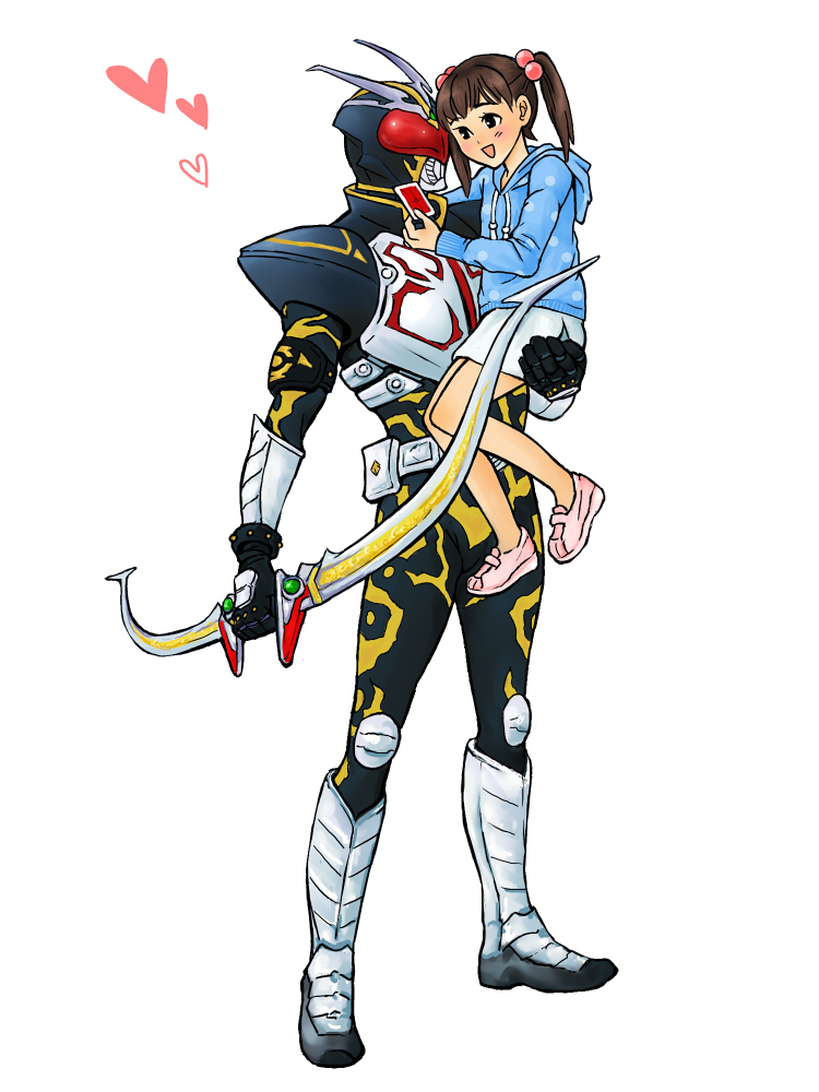 kamen rider chalice, kurihara amane, kamen rider, kamen rider blade (series), bad id, bad pixiv id, 1girl, bow (weapon), carrying, child, weapon