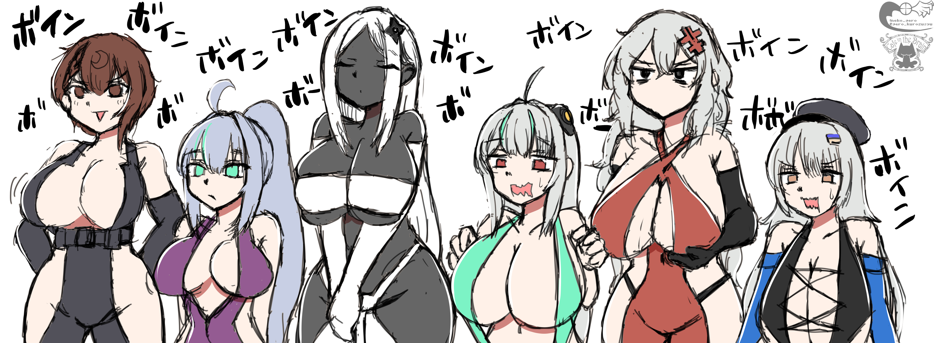 guero nuko, admi (nikke), aria (nikke), delta (nikke), delta (ninja thief) (nikke), epinel (nikke), soline (nikke), yulha (nikke), goddess of victory: nikke, highres, 6+girls, ahoge, alternate breast size (larger), bags under eyes, black skin, bodysuit, bouncing breasts, breasts, brown eyes, brown hair, cleavage, closed eyes, closed mouth, clothing cutout, collared bodysuit, colored skin, dark-skinned female, dark skin, elbow gloves, gloves, green eyes, green hair, grey hair, hair between eyes, hair ornament, hat, hip vent, large breasts, long hair, looking at viewer, medium hair, messy hair, multicolored hair, multiple girls, ninja, official alternate costume, ponytail, red eyes, short hair, sleeveless, sleeveless bodysuit, streaked hair, two-tone hair, very dark skin, very long hair, white hair, yellow eyes