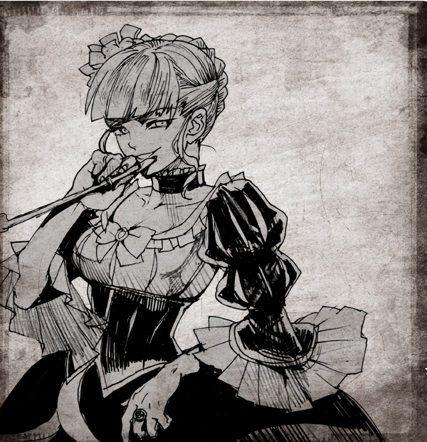 agasang, beatrice (umineko), umineko no naku koro ni, 00s, 1girl, bow, bowtie, breasts, collarbone, detached collar, dress, female focus, grey background, greyscale, hair ornament, kiseru, large breasts, long sleeves, looking at viewer, monochrome, open mouth, puffy long sleeves, puffy sleeves, simple background, smile, smirk, smoking pipe, solo, underbust, upper body
