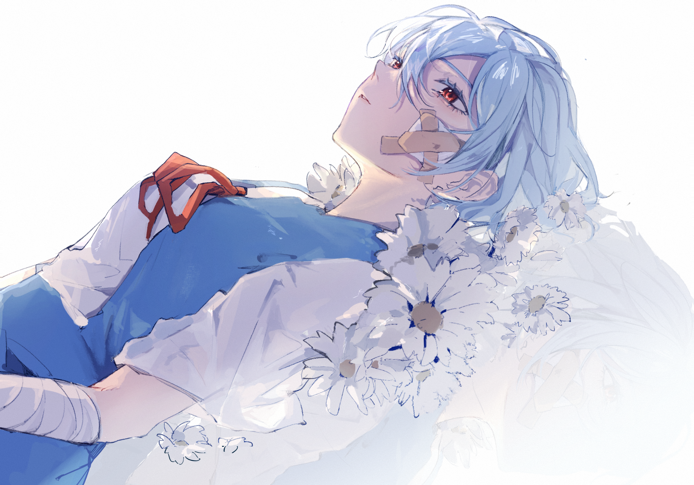 shi xu jiu zhou, ayanami rei, neon genesis evangelion, chinese commentary, commentary request, highres, 1girl, bandaged arm, bandages, blue hair, blue skirt, blue vest, breasts, flower, gauze, gauze on cheek, hair between eyes, lying, medium breasts, neck ribbon, on back, parted lips, red eyes, red ribbon, ribbon, school uniform, shirt, short hair, short sleeves, skirt, solo, tokyo-3 middle school uniform, upper body, vest, white background, white flower, white shirt