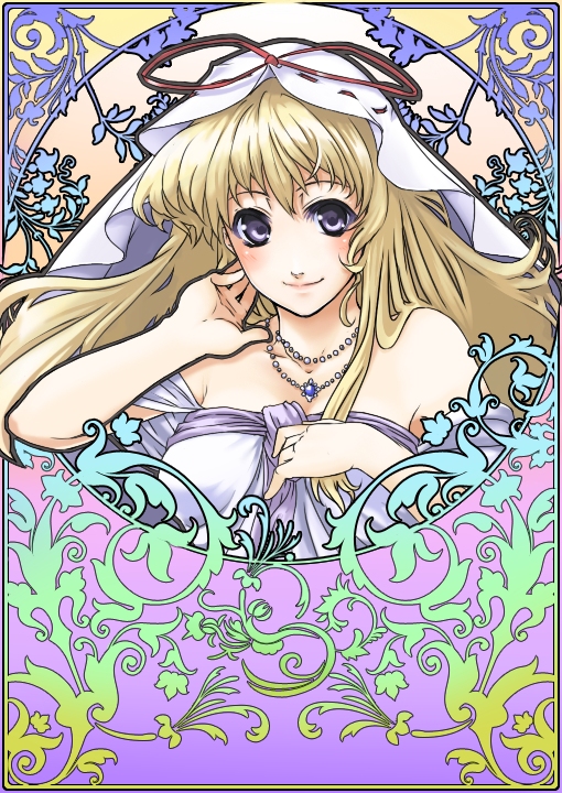 haruichi (komikal), yakumo yukari, touhou, 1girl, art nouveau, blonde hair, female focus, ribbon, solo