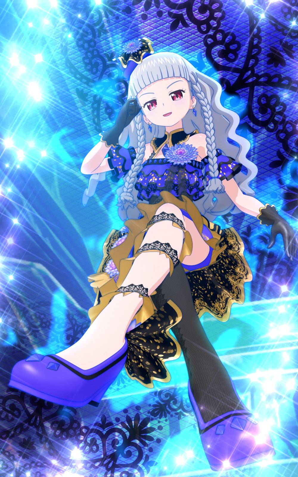 koda michiru, idol time pripara, pretty series, pripara, highres, black gloves, blunt bangs, bow, braid, crossed legs, diamond earrings, dress, earrings, frilled skirt, frills, full body, gloves, grey hair, hair bow, idol, idol clothes, jewelry, legs, long hair, looking at viewer, open mouth, otudane, pantyhose, purple dress, purple shoes, red eyes, ringlets, shoes, single bare leg, sitting, skirt, sparkle, sparkling aura, twin braids, very long hair, wavy hair