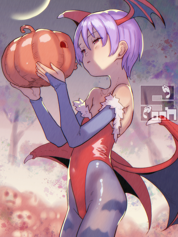 soon (c-u-soon), lilith (darkstalkers), darkstalkers, commentary, 1girl, animal print, artist logo, artist name, bare shoulders, bat print, blurry, blurry background, blush, bridal gauntlets, collarbone, cowboy shot, crescent moon, demon girl, demon wings, elbow gloves, flat chest, from side, gloves, grey pantyhose, grey sky, half-closed eyes, halloween, head wings, highleg, highleg leotard, holding, holding pumpkin, imminent kiss, jack-o'-lantern, leotard, light blush, logo, moon, night, pantyhose, parted lips, print pantyhose, puckered lips, pumpkin, purple gloves, purple hair, red eyes, red leotard, short hair, sky, solo, standing, strapless, strapless leotard, tree, very short hair, wings