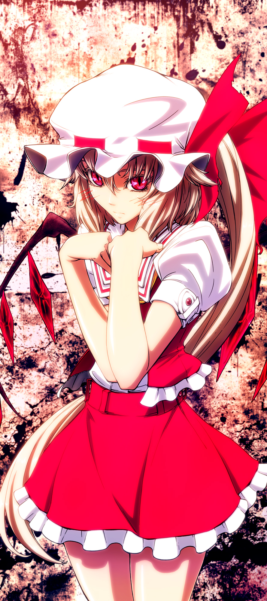 imizu (nitro unknown), flandre scarlet, touhou, bad id, bad pixiv id, highres, 1girl, blonde hair, blush, female focus, frilled skirt, frills, hat, hat ribbon, long hair, looking at viewer, mob cap, puffy short sleeves, puffy sleeves, red eyes, ribbon, short sleeves, side ponytail, skirt, skirt set, solo, very long hair, wings