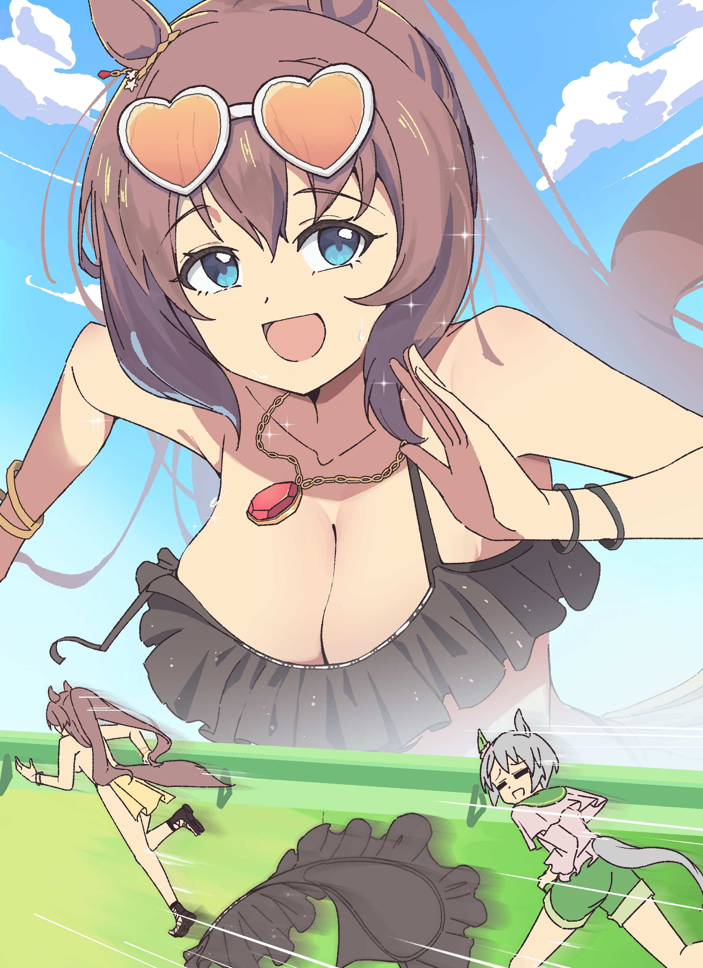 naisu (nai su01), maruzensky (hot summer night) (umamusume), maruzensky (umamusume), seiun sky (reeling in the big one) (umamusume), seiun sky (umamusume), umamusume, absurdres, derivative work, highres, mixed-language commentary, 2girls, = =, accidental exposure, bikini, black bikini, blue eyes, blue sky, breasts, brown hair, cleavage, cloud, cloudy sky, day, eyewear on head, green sailor collar, green shorts, grey hair, grey tail, heart, heart-shaped eyewear, large breasts, long hair, long sleeves, motion lines, multiple girls, official alternate costume, official alternate hairstyle, outdoors, running, sailor collar, sarong, shirt, short hair, shorts, sky, sparkle, sparkling aura, speed lines, swimsuit, topless female, unworn bikini top, white shirt, yellow sarong