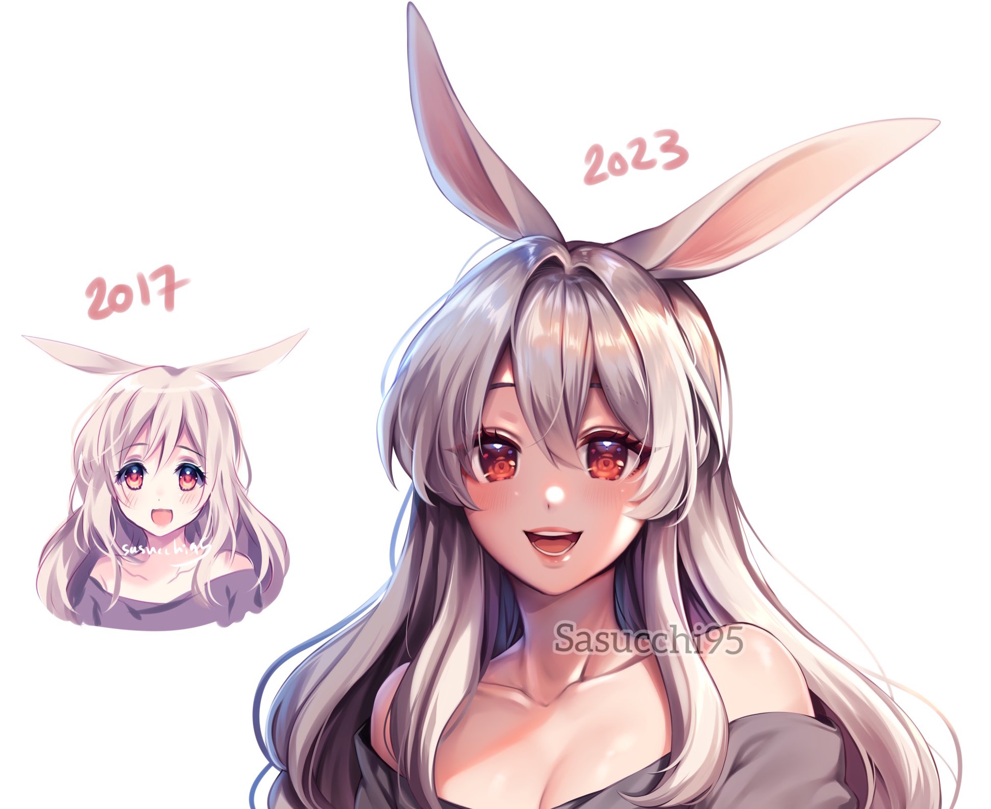 sasucchi95, original, commentary, highres, symbol-only commentary, 1girl, 2017, 2023, :d, aki (sasucchi95), animal ears, artist name, artist progress, backlighting, bare shoulders, blush, breasts, cleavage, collarbone, double-parted bangs, eyes visible through hair, grey hair, grey shirt, hair between eyes, hair intakes, lips, long hair, looking at viewer, off-shoulder shirt, off shoulder, open mouth, portrait, rabbit ears, rabbit girl, red eyes, shirt, sidelocks, simple background, smile, solo, teeth, tongue, white background
