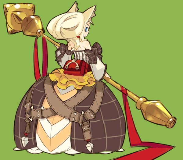 mota, 7th dragon, 7th dragon (series), silver hair, 1girl, animal ears, belt, blue eyes, choker, dress, female focus, mace, ribbon, solo, weapon