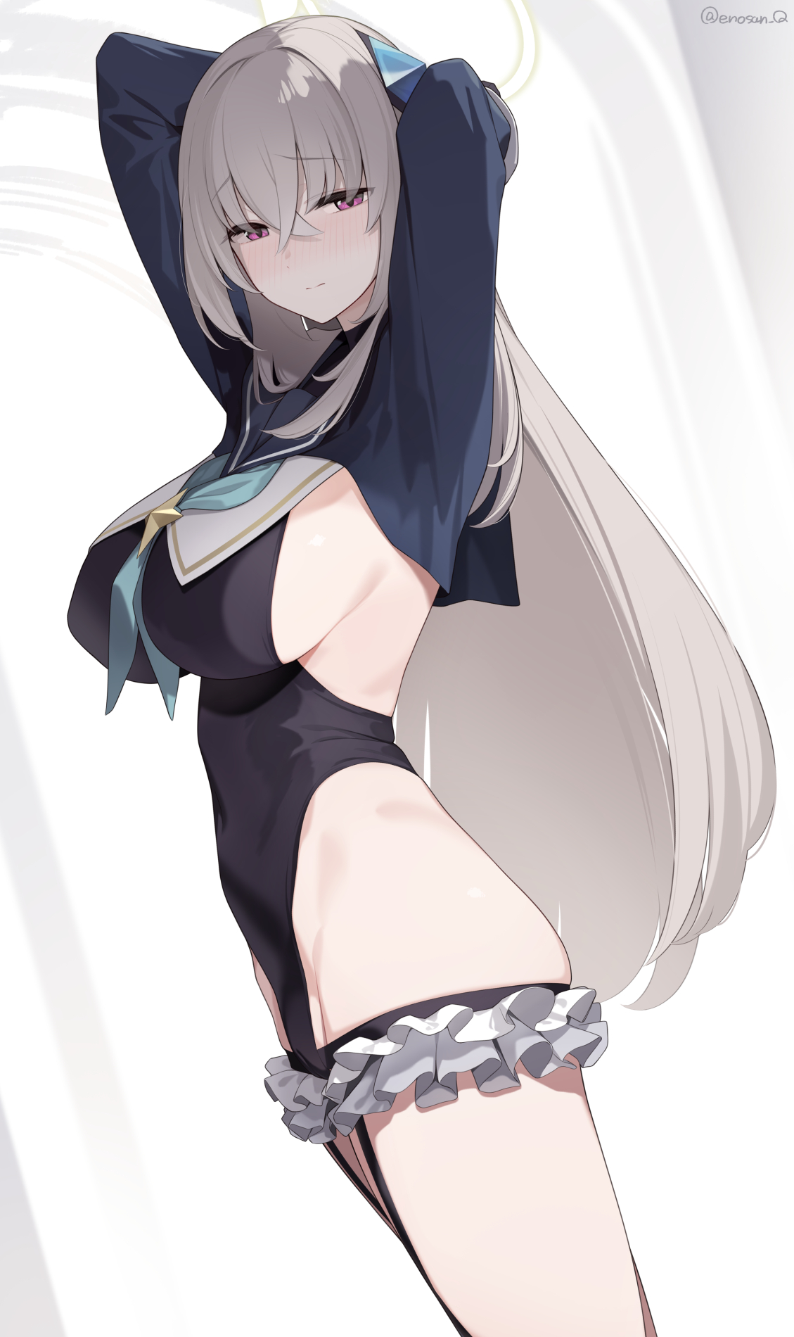 enosan, sakurako (blue archive), shimiko (blue archive), shimiko (magical) (blue archive), blue archive, highres, 1girl, black gloves, black leotard, blue shrug, breasts, cosplay, gloves, grey hair, half gloves, halo, large breasts, leotard, long hair, purple eyes, shimiko (blue archive) (cosplay), shrug (clothing), super highleg