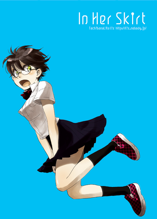 tachibanarita, bad id, bad pixiv id, black hair, bow, checkers, glasses, open mouth, school uniform, short hair, skirt, yellow eyes