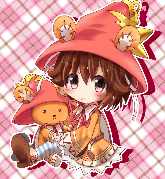 yukiomi kizuki, tiny alma, emil chronicle online, 1girl, bear girl, blue thighhighs, boots, brown boots, brown hair, capelet, chibi, dress, hair ribbon, hat, neck ribbon, orange dress, pink eyes, red hat, red ribbon, ribbon, sitting, smile, striped clothes, striped thighhighs, stuffed animal, stuffed toy, teddy bear, thighhighs, white capelet, white ribbon, white thighhighs, witch hat
