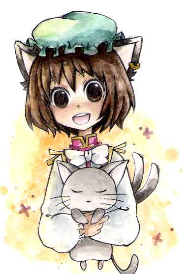 kaba (artist), momiji (lucario), chen, touhou, bad id, bad pixiv id, 1girl, animal ears, brown eyes, brown hair, cat, cat ears, cat tail, earrings, female focus, hat, jewelry, multiple tails, short hair, smile, solo, tail
