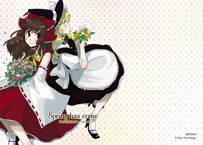 tachibanarita, hakurei reimu, kirisame marisa, touhou, bad id, bad pixiv id, 2girls, blonde hair, blush, bow, braid, brown hair, detached sleeves, english text, female focus, flower, hat, japanese clothes, miko, multiple girls, red eyes, socks, witch, witch hat